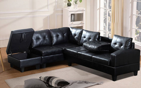 Jameson Black PU Sectional w/ Storage Chaise and Ottomon