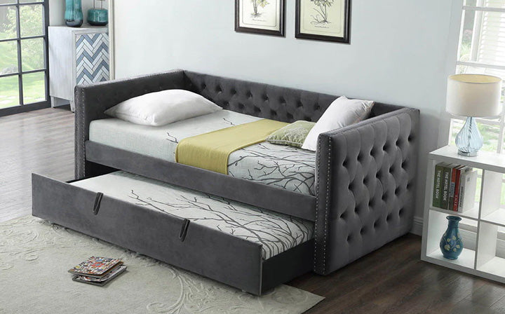 SP-305 Grey Velvet Trundle Bed w/ Pull Out Bed